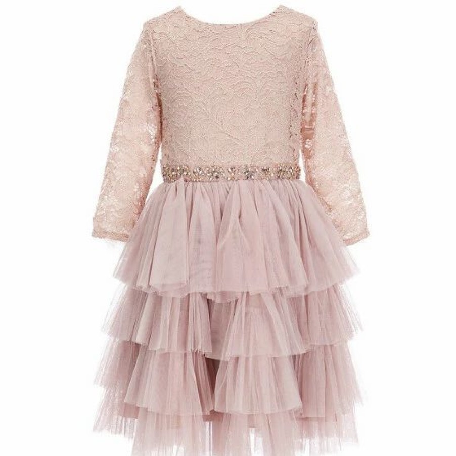 Kids * | Deals Rare Editions Big Girls 7-16 3/4 Sleeve Glitter Lace Mesh Layered Tulle Dress Blush