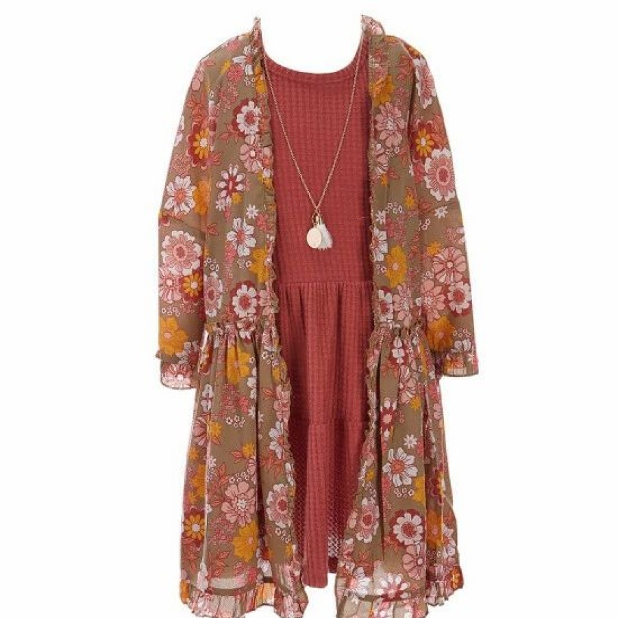 Kids * | Promo Rare Editions Big Girls 7-16 Long-Sleeve Floral-Printed Dobby Kimono, Waffle Knit Fit-And-Flare Dress & Necklace Set Red/Floral