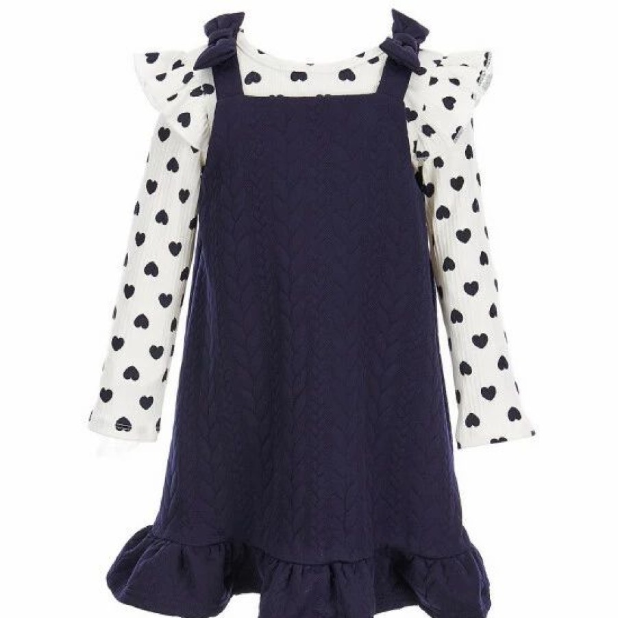 Kids * | Flash Sale Rare Editions Little Girls 2T-6X Long Sleeve Ruffle Shoulder Heart Print Tee & Jacquard Knit Jumper 2-Piece Set Navy