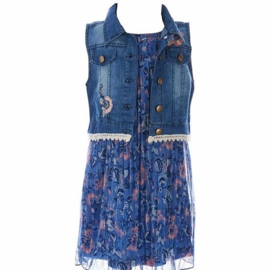 Kids * | Discount Rare Editions Little Girls 2T-6X Lace Trimmed Denim Vest & Sleeveless Metallic-Floral Chiffon Pleated Dress 2-Piece Set Blue