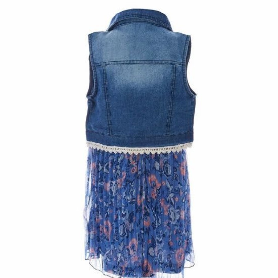 Kids * | Discount Rare Editions Little Girls 2T-6X Lace Trimmed Denim Vest & Sleeveless Metallic-Floral Chiffon Pleated Dress 2-Piece Set Blue