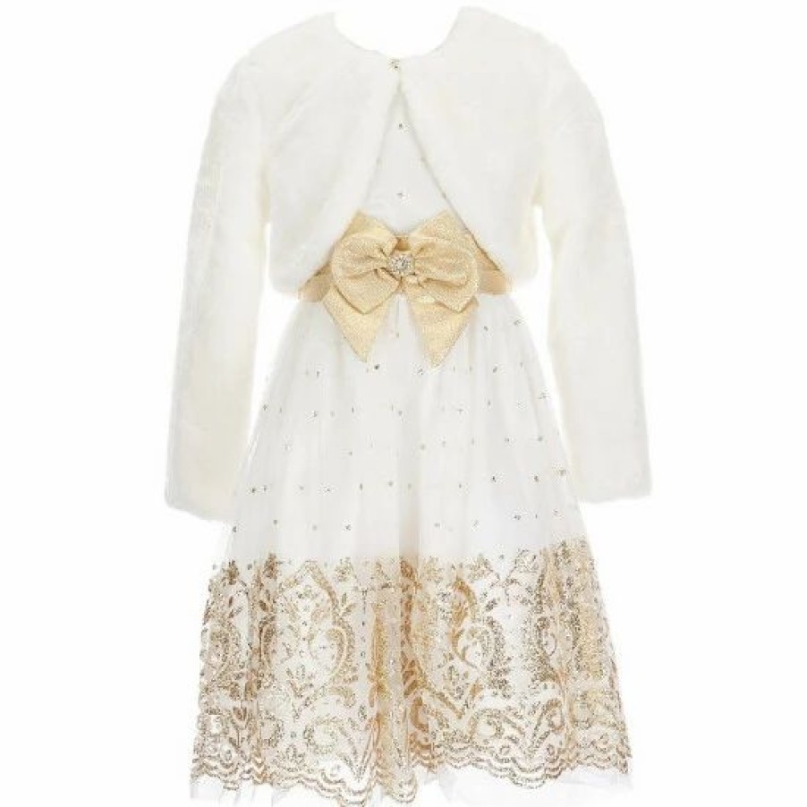 Kids * | Flash Sale Rare Editions Big Girls 7-16 Cap Sleeve Metallic Bow Glitter Pattern Embellished Mesh Dress & Faux Fur Shrug 2-Piece Set Ivory