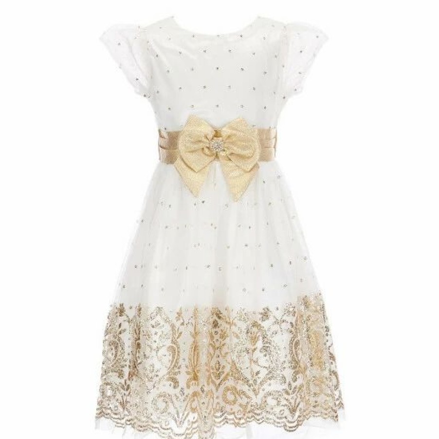 Kids * | Flash Sale Rare Editions Big Girls 7-16 Cap Sleeve Metallic Bow Glitter Pattern Embellished Mesh Dress & Faux Fur Shrug 2-Piece Set Ivory