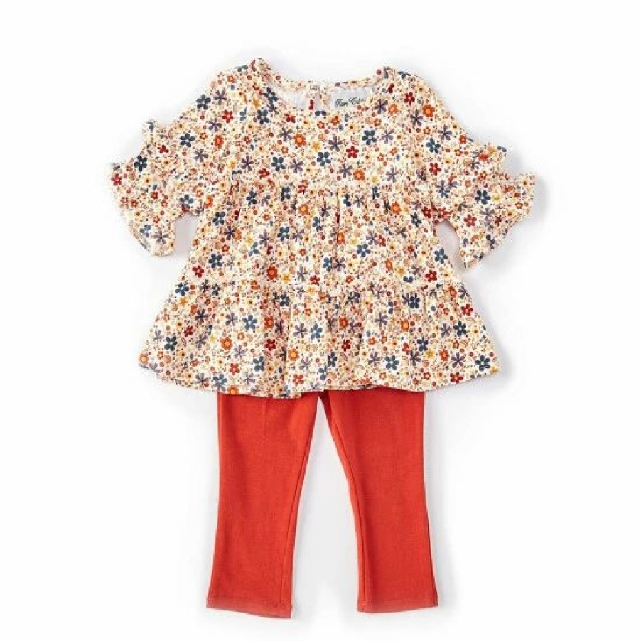 Kids * | Discount Rare Editions Baby Girls 12-24 Months 3/4-Sleeve Ditsy-Floral Tunic Top & Solid Leggings 2-Piece Set Rust