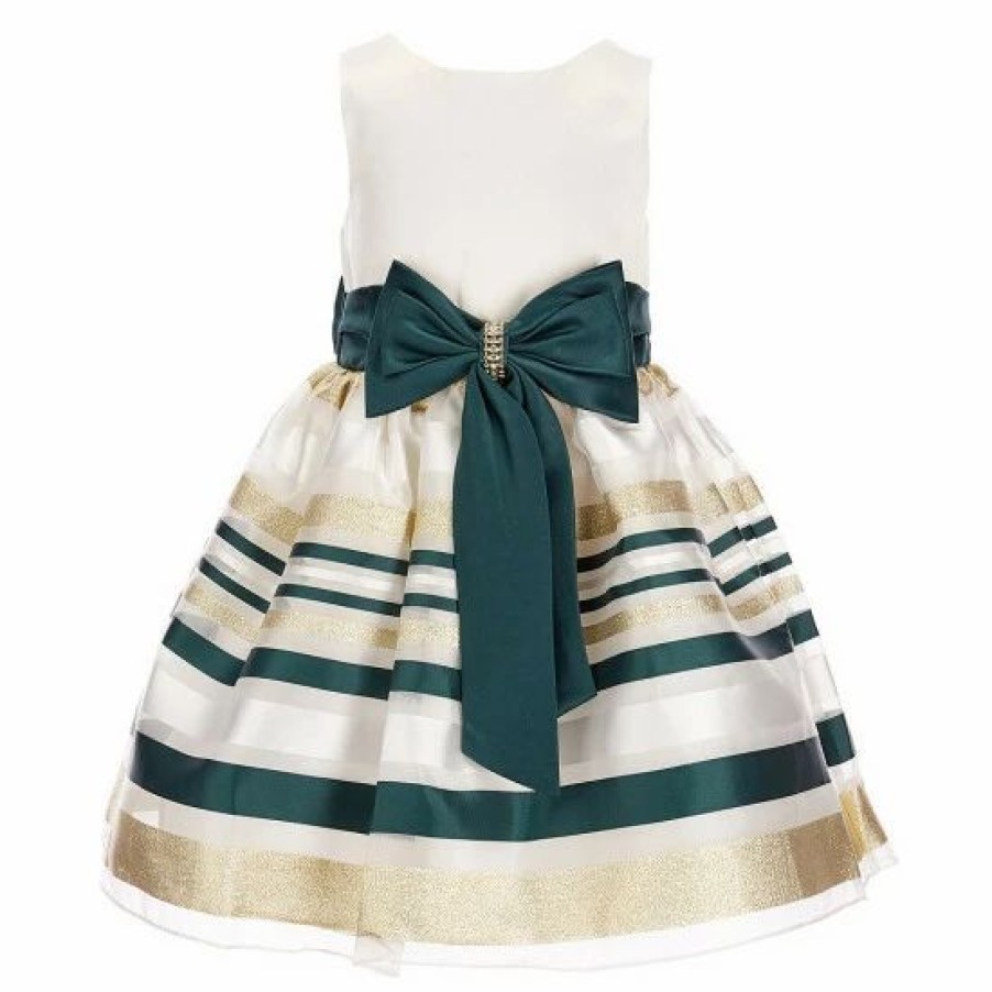 Kids * | Wholesale Rare Editions Little Girls 2T-6X Sleeveless Mikado Metallic Striped Organza Dress & Matching Bow Headband Hunter/Gold/Ivory