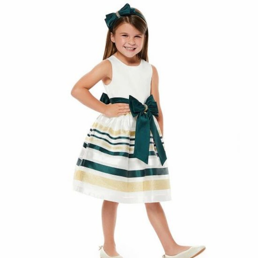 Kids * | Wholesale Rare Editions Little Girls 2T-6X Sleeveless Mikado Metallic Striped Organza Dress & Matching Bow Headband Hunter/Gold/Ivory