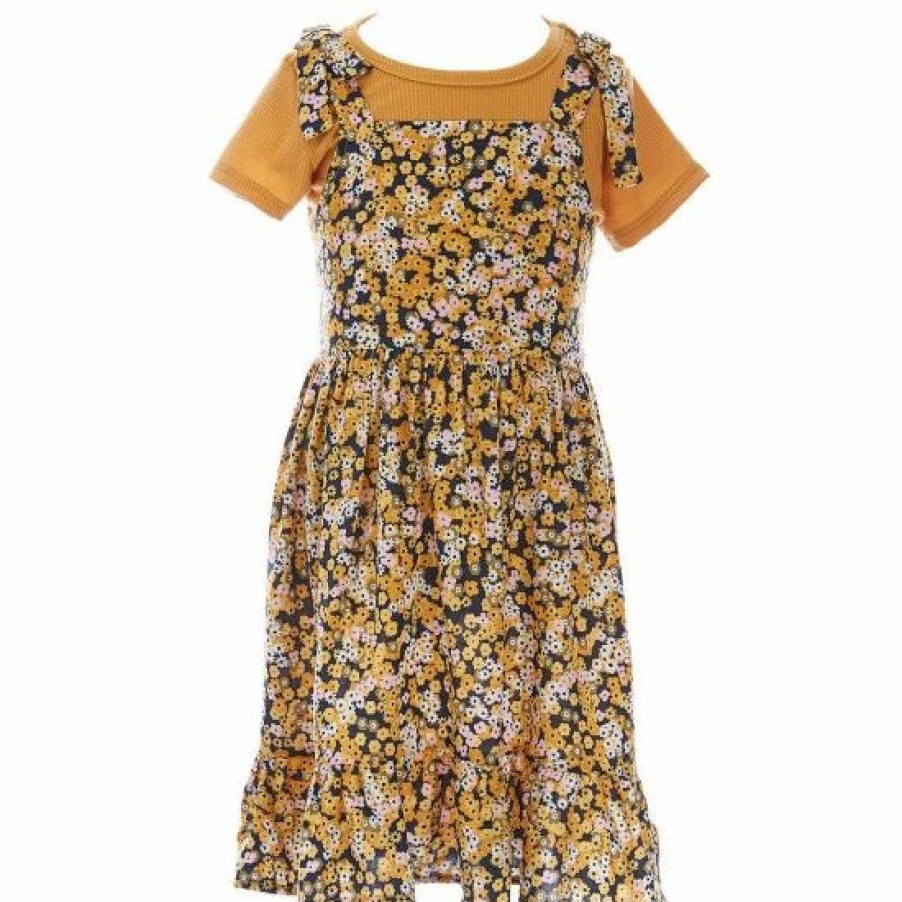 Kids * | Budget Rare Editions Little Girls 2T-6X Sleeveless Tie Strap Floral Challis Jumper Dress & Short-Sleeve Solid Rib Tee 2-Piece Set Mustard Multi