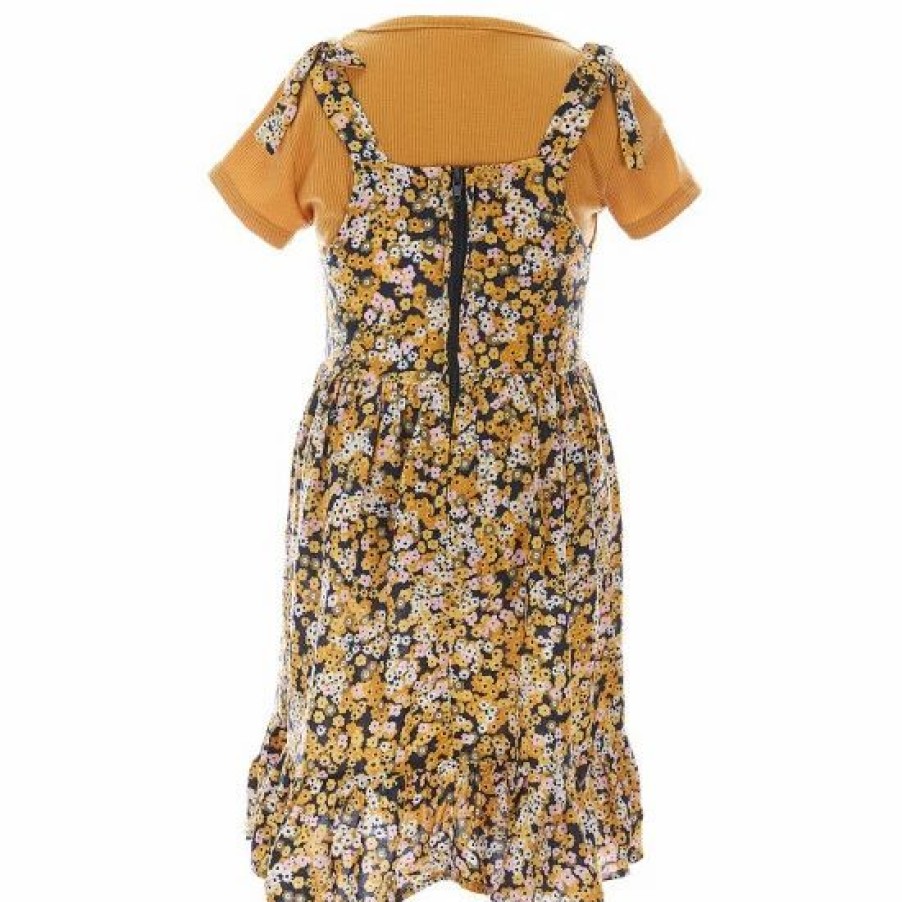 Kids * | Budget Rare Editions Little Girls 2T-6X Sleeveless Tie Strap Floral Challis Jumper Dress & Short-Sleeve Solid Rib Tee 2-Piece Set Mustard Multi