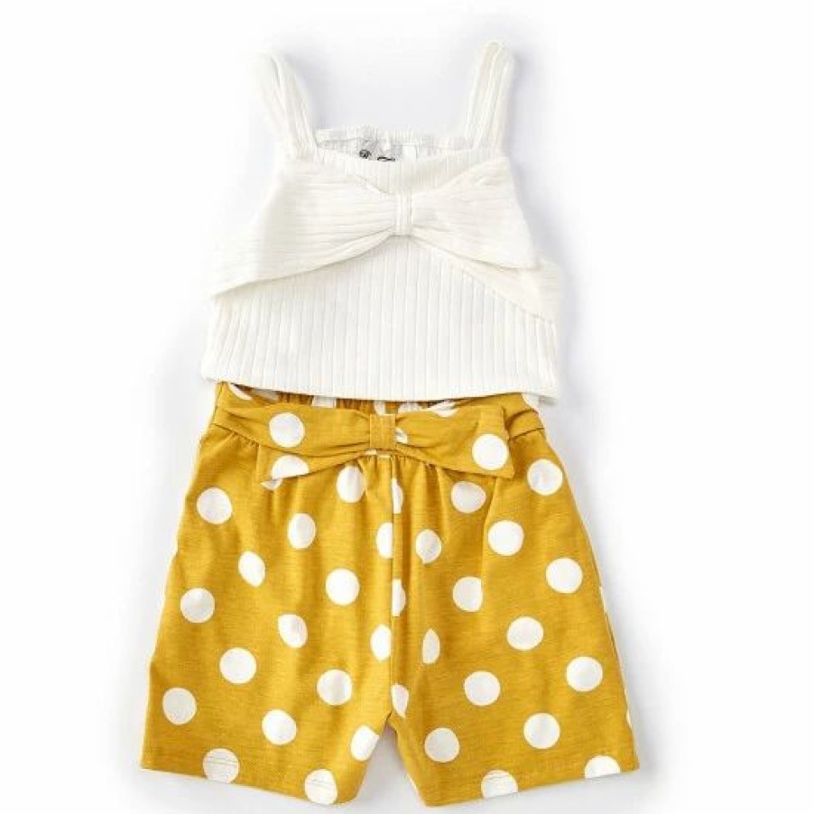 Kids * | Discount Rare Editions Big Girls 7-16 Sleeveless Bow Applique Knit Top & Dot Printed Shorts Set Mustard