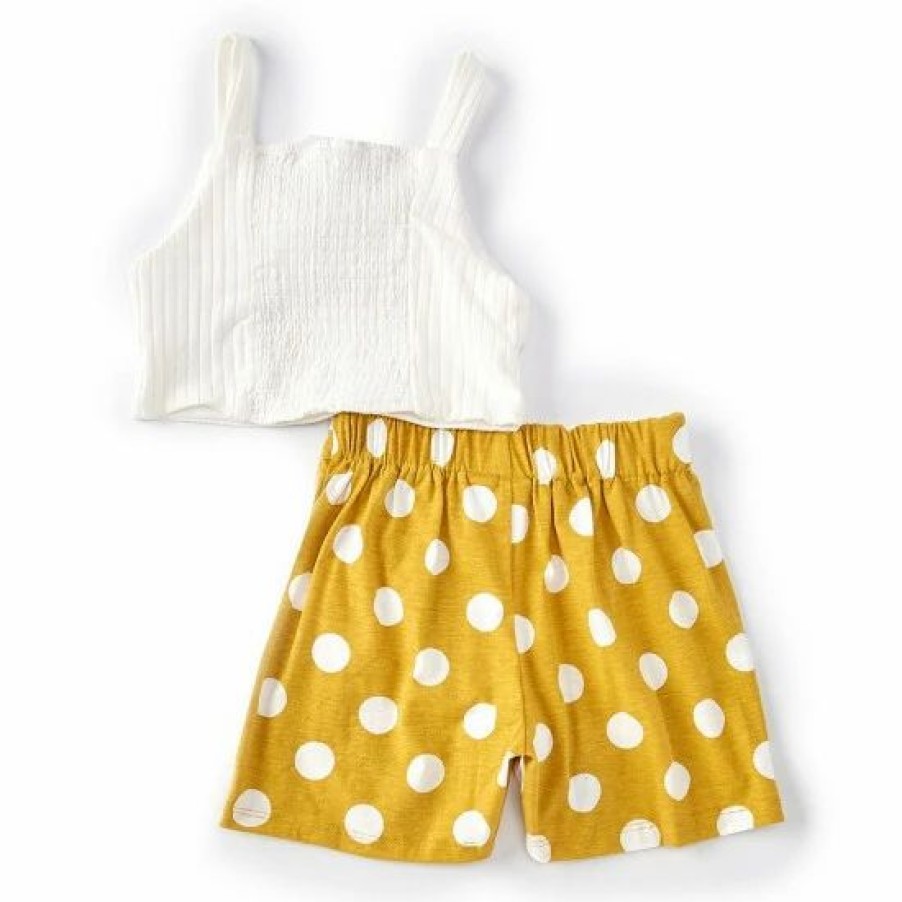 Kids * | Discount Rare Editions Big Girls 7-16 Sleeveless Bow Applique Knit Top & Dot Printed Shorts Set Mustard