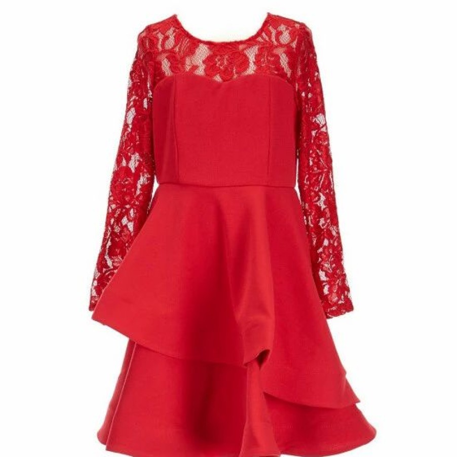 Kids * | Cheapest Rare Editions Big Girls 7-16 Lace Illusion Long Sleeve Laye Ruffle Crepe Dress Red