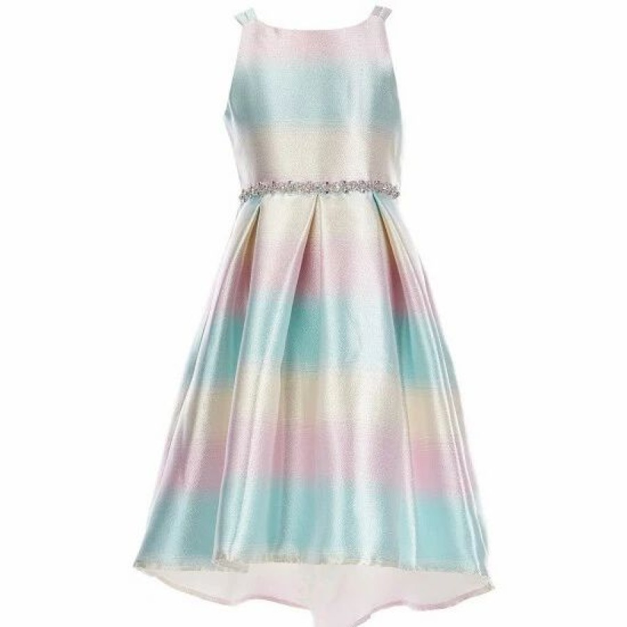 Kids * | Deals Rare Editions Big Girls 7-16 Sleeveless Ombre Metallic Jacquard Jeweled Waist Pleated High-Low Dress Pink Multi