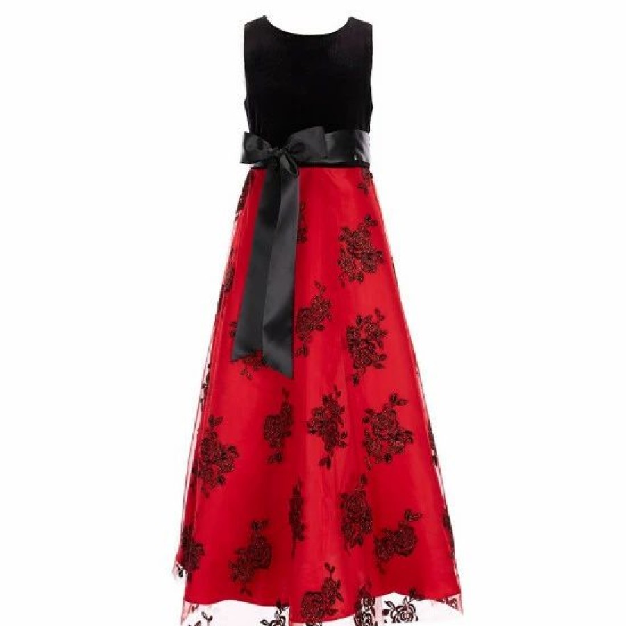 Kids * | Best Deal Rare Editions Big Girls 7-16 Sleeveless Velvet Glitter-Rose-Embroide Mesh Long Skirt Dress Red