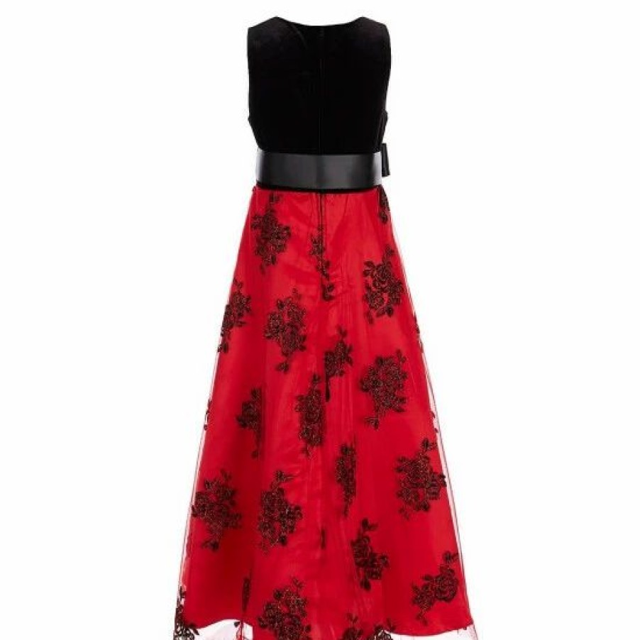 Kids * | Best Deal Rare Editions Big Girls 7-16 Sleeveless Velvet Glitter-Rose-Embroide Mesh Long Skirt Dress Red