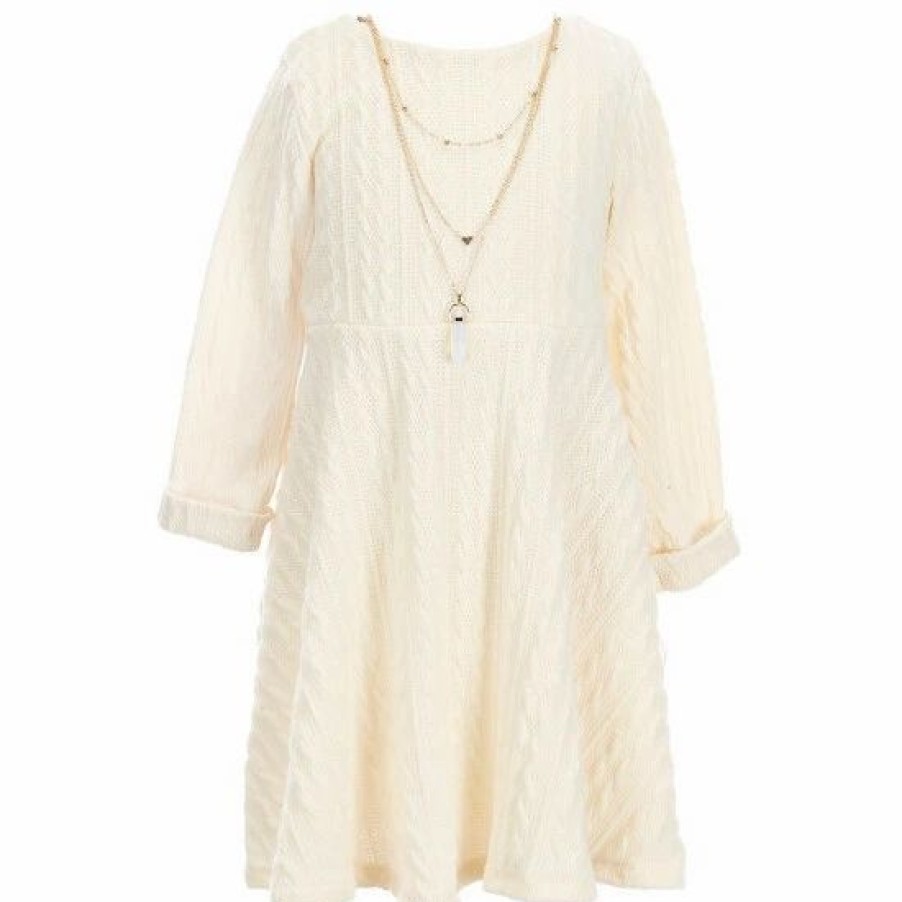 Kids * | Deals Rare Editions Little Girls 4T-6X Long-Sleeve Rolled Cuff Double Knit Sweater Dress & Matching Necklace Ivory