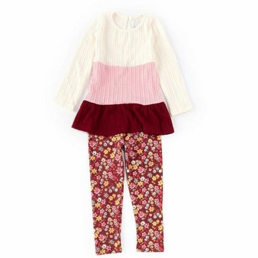 Kids * | Wholesale Rare Editions Little Girls 2T-6X Long-Sleeve Color Block Tunic Top & Floral-Printed Leggings 2-Piece Set Burgundy