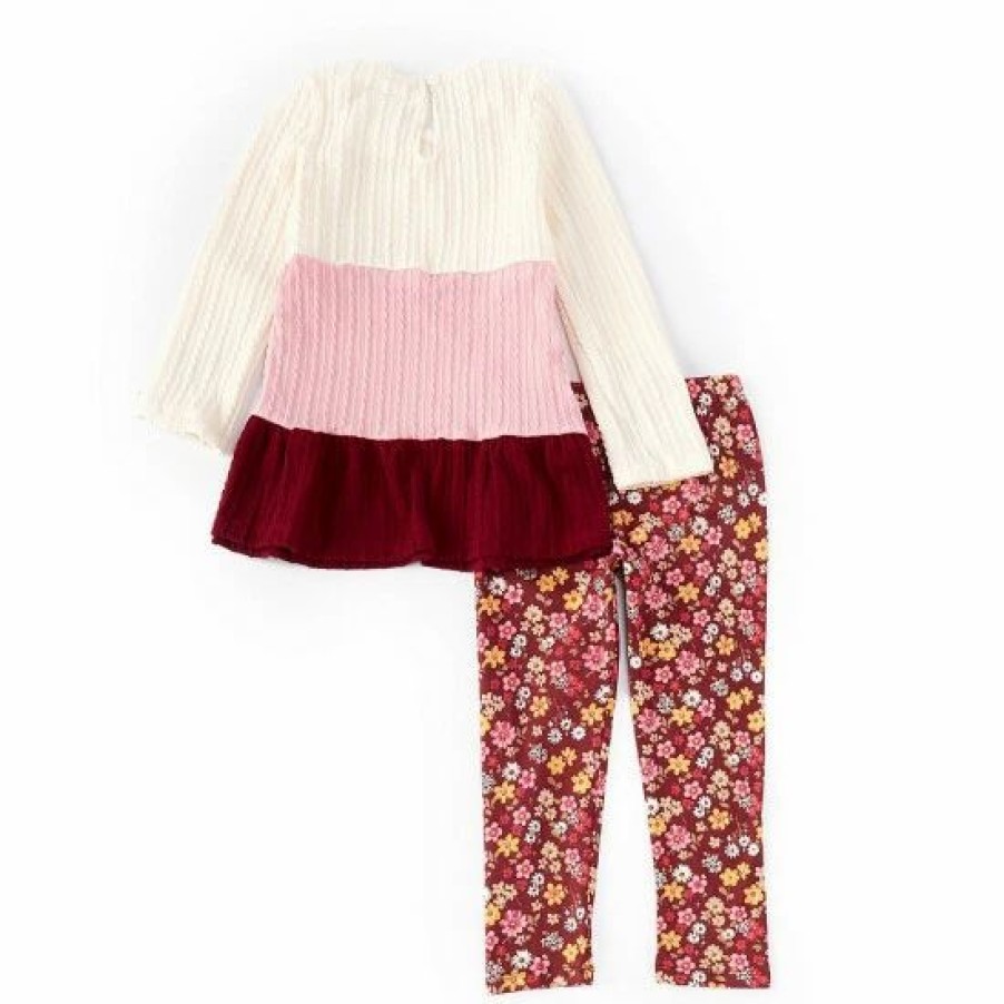 Kids * | Wholesale Rare Editions Little Girls 2T-6X Long-Sleeve Color Block Tunic Top & Floral-Printed Leggings 2-Piece Set Burgundy