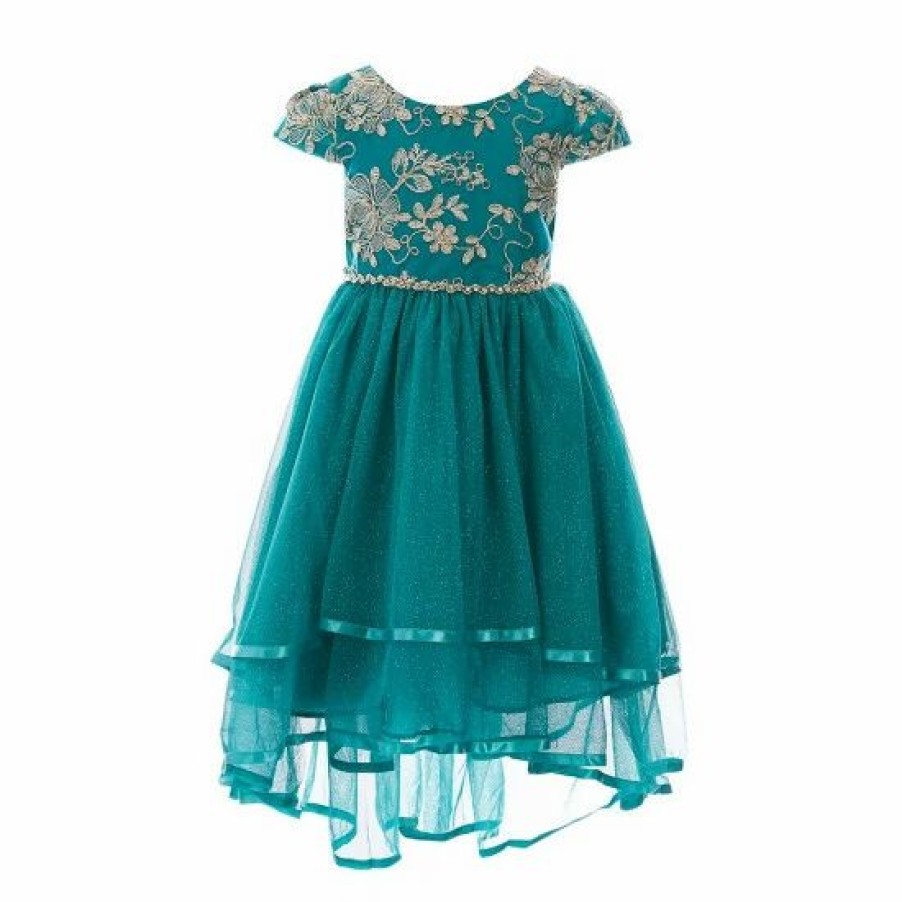 Kids * | Best Pirce Rare Editions Big Girls 7-16 Cap Sleeve Embroidered 2-Tiered Mesh High-Low Skirt Dress Emerald