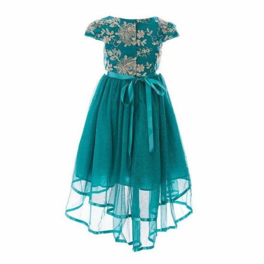 Kids * | Best Pirce Rare Editions Big Girls 7-16 Cap Sleeve Embroidered 2-Tiered Mesh High-Low Skirt Dress Emerald