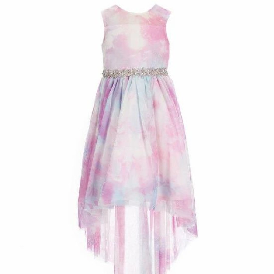 Kids * | Best Deal Rare Editions Little Girls 2T-6X Sleeveless Illusion Yoke Jeweled Waistline Tie-Dye Mesh High-Low Dress Lilac