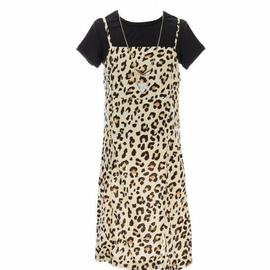 Kids * | Best Pirce Rare Editions Big Girls 7-16 Short Sleeve Tee Cheetah Print Dress Coordinating Necklace & Scrunchie 2-Piece Set Tan