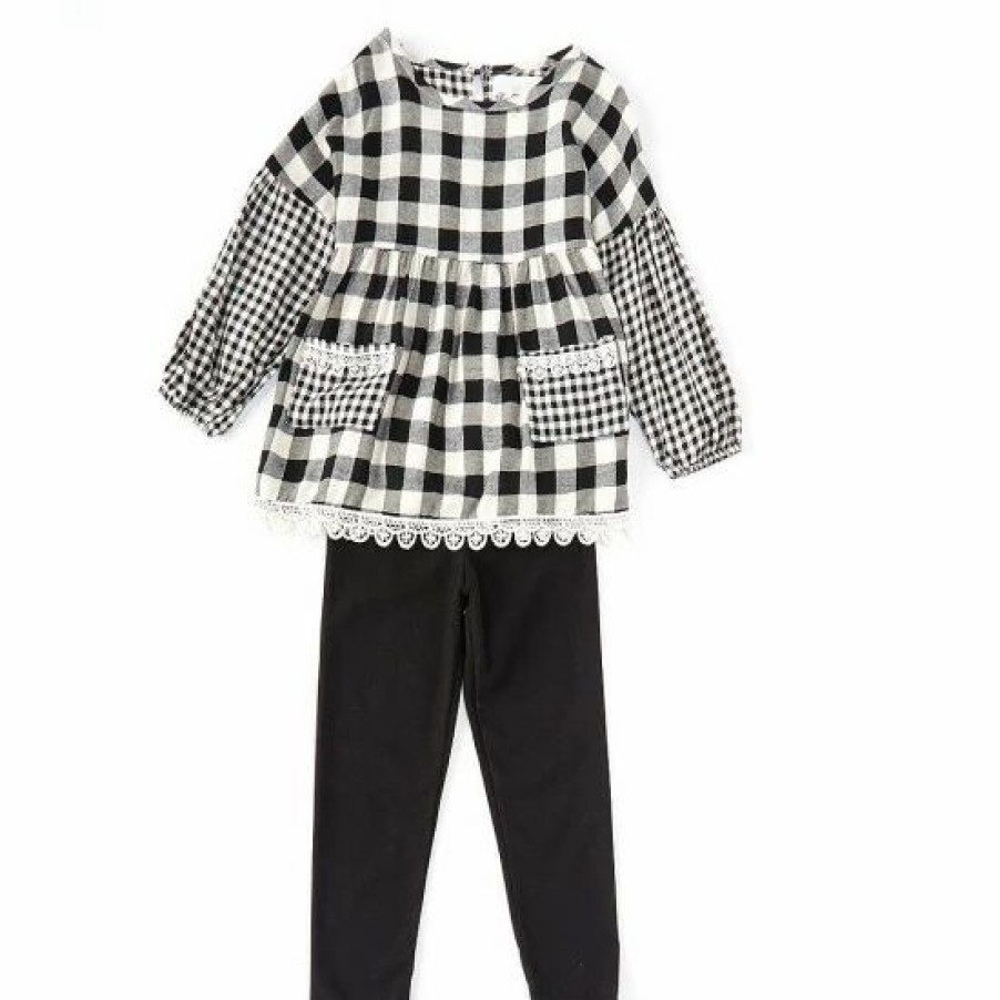 Kids * | Cheap Rare Editions Little Girls 2T-6X Long-Sleeve Mixed-Buffalo-Checked Woven Tunic Top & Solid Knit Leggings 2-Piece Set Black