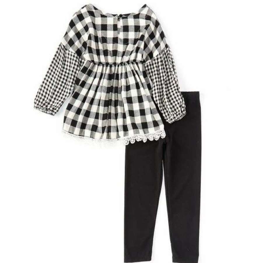 Kids * | Cheap Rare Editions Little Girls 2T-6X Long-Sleeve Mixed-Buffalo-Checked Woven Tunic Top & Solid Knit Leggings 2-Piece Set Black