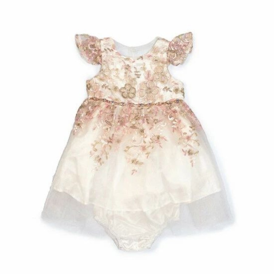 Kids * | Hot Sale Rare Editions Baby Girls 3-24 Months Floral Embroidered Flutter Sleeve Mesh Dress Ivory