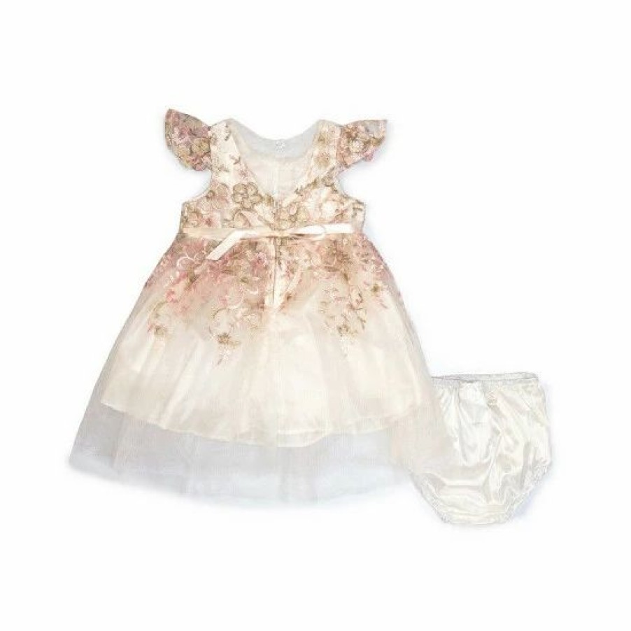 Kids * | Hot Sale Rare Editions Baby Girls 3-24 Months Floral Embroidered Flutter Sleeve Mesh Dress Ivory