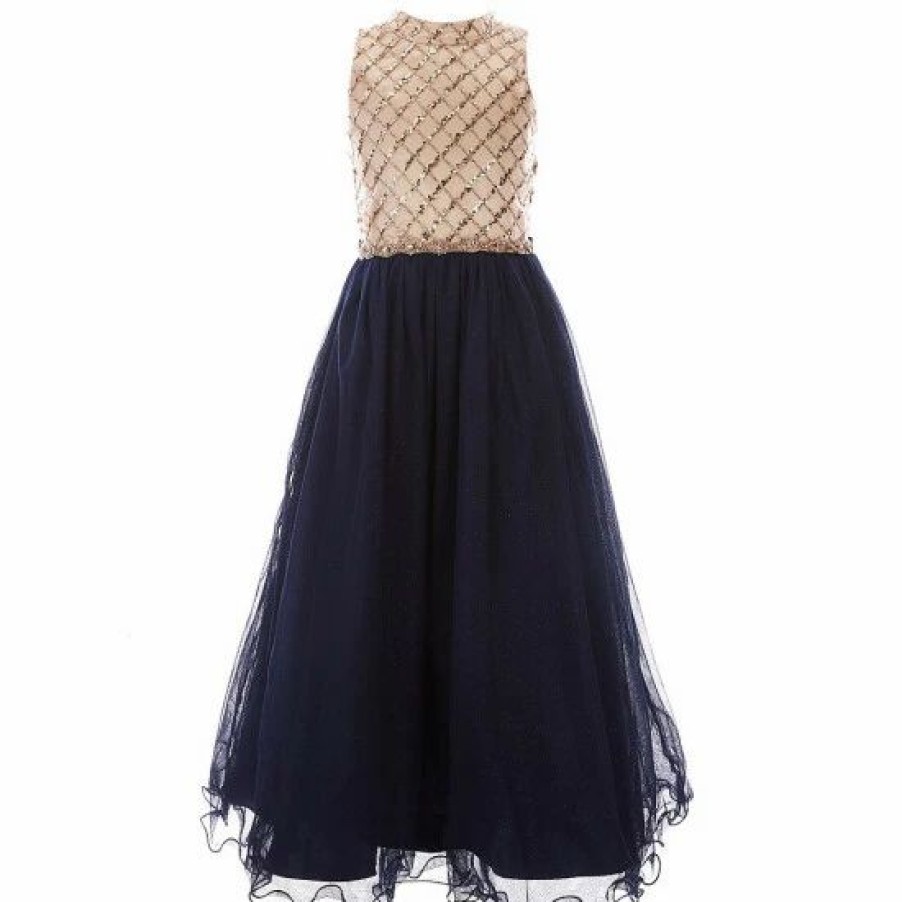 Kids * | Deals Rare Editions Big Girls 7-16 Sequin Mock Neck Mesh Maxi Dress Navy