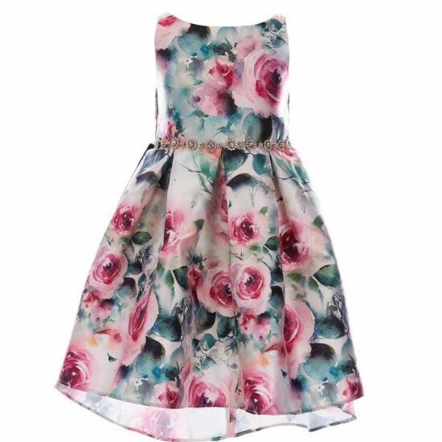 Kids * | Hot Sale Rare Editions Little Girls 2T-6X Floral Mikado High-Low Dress Emerald