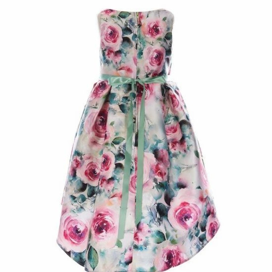 Kids * | Hot Sale Rare Editions Little Girls 2T-6X Floral Mikado High-Low Dress Emerald