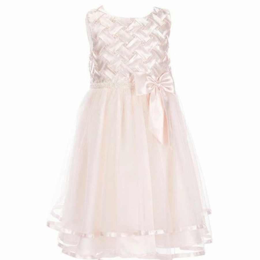 Kids * | Deals Rare Editions Little Girls 2T-6X Sleeveless Pearl Basket Weave Two-Tier Ribbon Trimmed Tulle Skirt Dress Peach