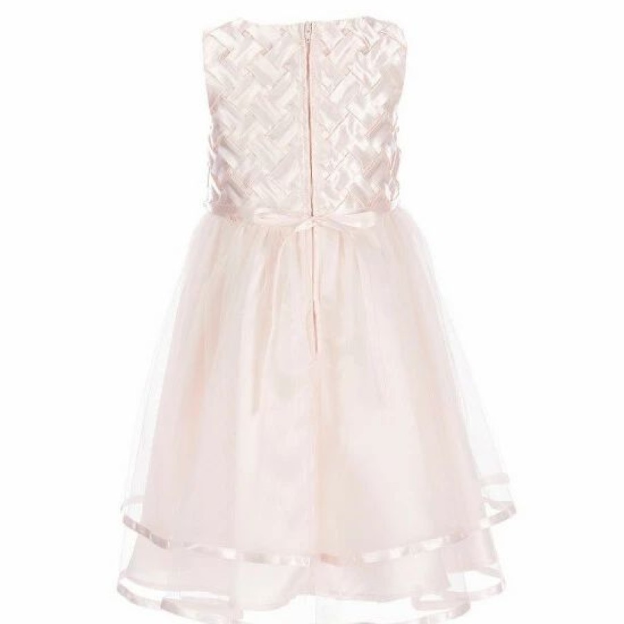 Kids * | Deals Rare Editions Little Girls 2T-6X Sleeveless Pearl Basket Weave Two-Tier Ribbon Trimmed Tulle Skirt Dress Peach