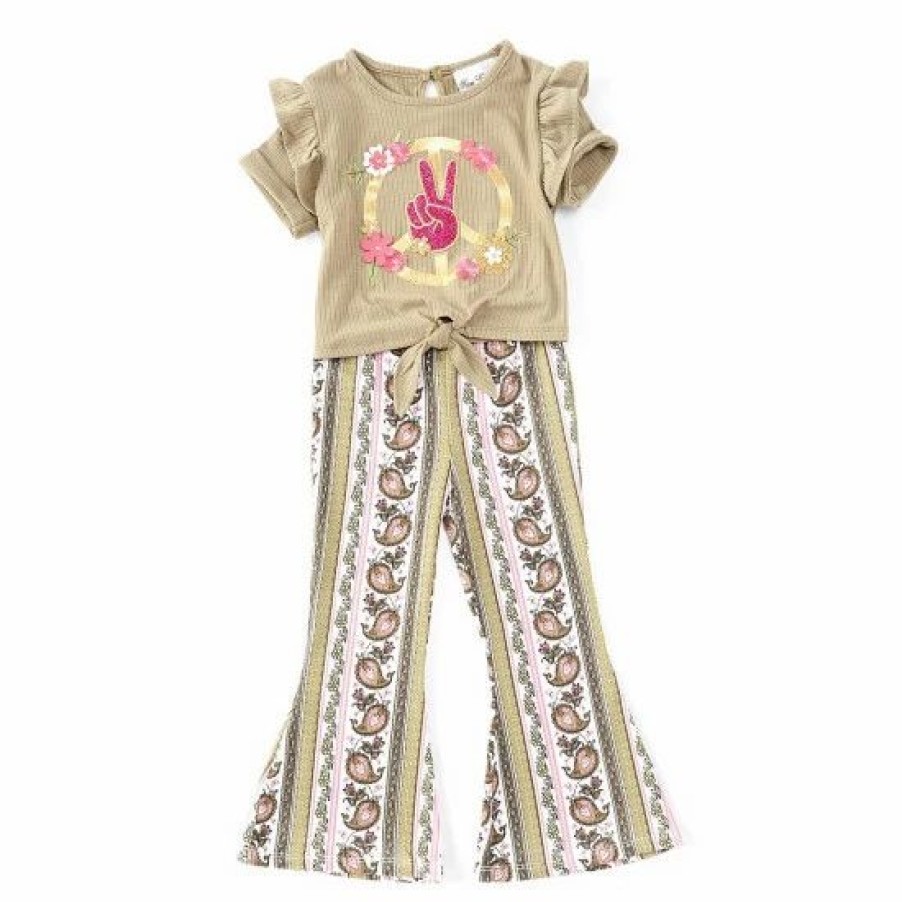 Kids * | Flash Sale Rare Editions Little Girls 2T-6X Solid Peace Sign Tee & Mixed-Media Printed Flare-Leg Leggings 2-Piece Set Olive Multi