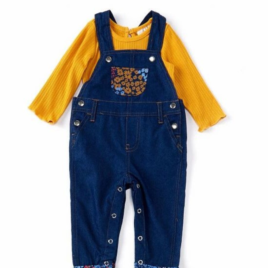 Kids * | Brand New Rare Editions Baby Girls 3- 24 Months Long Sleeve Denim Overall Patchwork Jumpsuit Two Piece Set Yellow