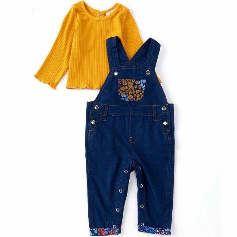 Kids * | Brand New Rare Editions Baby Girls 3- 24 Months Long Sleeve Denim Overall Patchwork Jumpsuit Two Piece Set Yellow