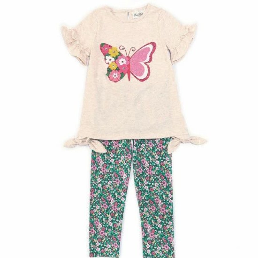 Kids * | Outlet Rare Editions Little Girls 2T-6X Short-Sleeve Butterfly-Applique Tunic Top & Floral Leggings Set Oatmeal