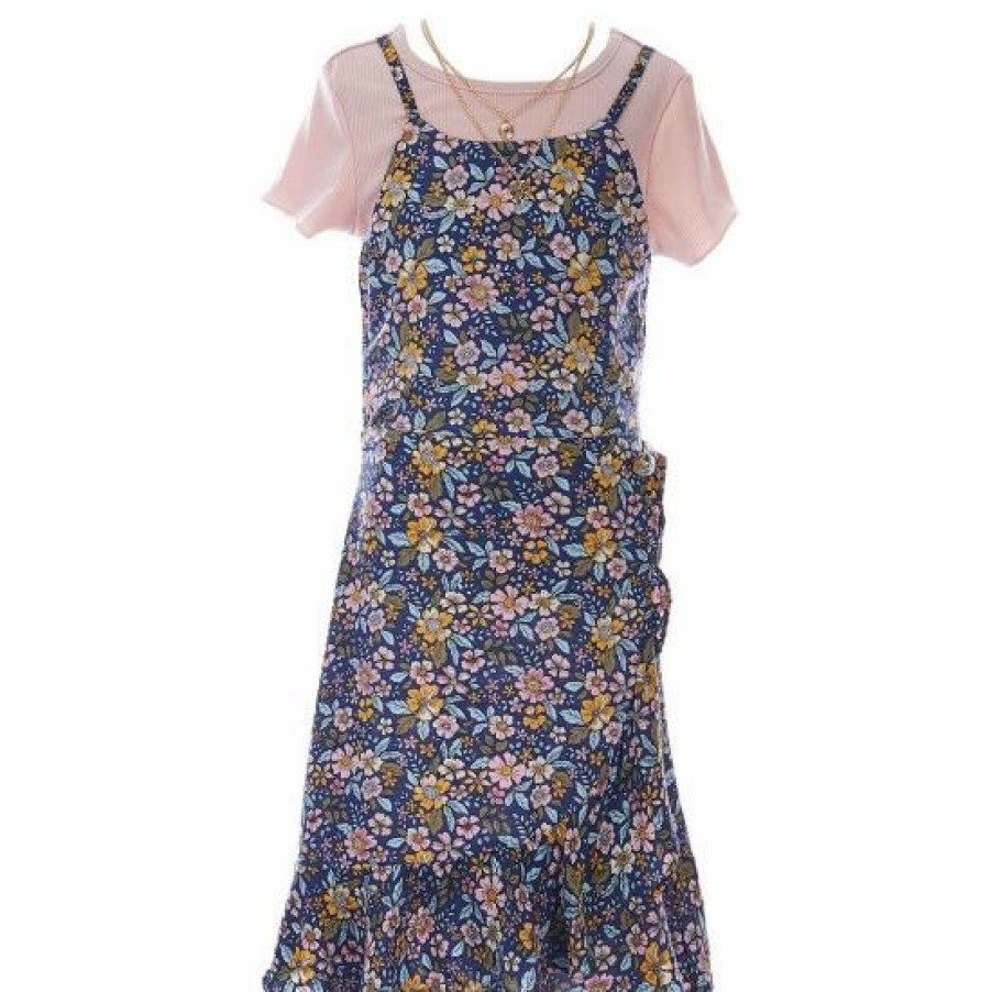 Kids * | Coupon Rare Editions Big Girls 7-16 Sleeveless Floral-Printed Woven Faux-Wrap Dress, Short-Sleeve Knit Tee & Necklace 3-Piece Set Blue Multi