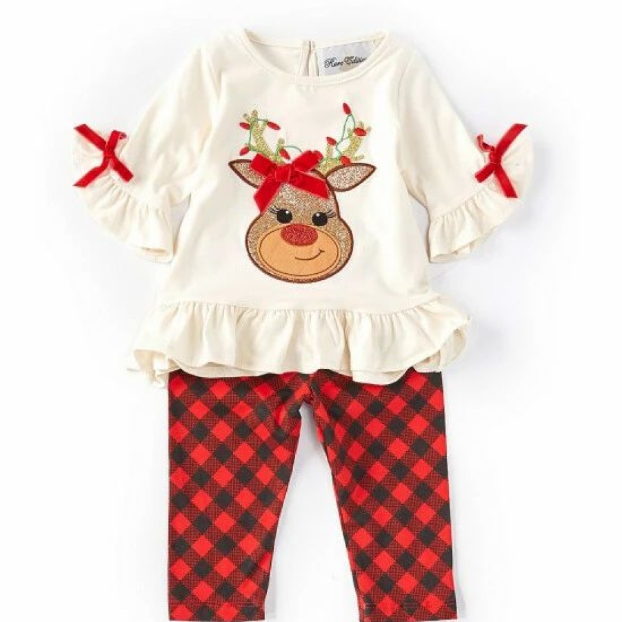 Kids * | Best Deal Rare Editions Baby Girls 3-24 Months Bell-Sleeve Red-Nosed-Reindeer Applique Tunic & Checked Leggings 2-Piece Set Ivory