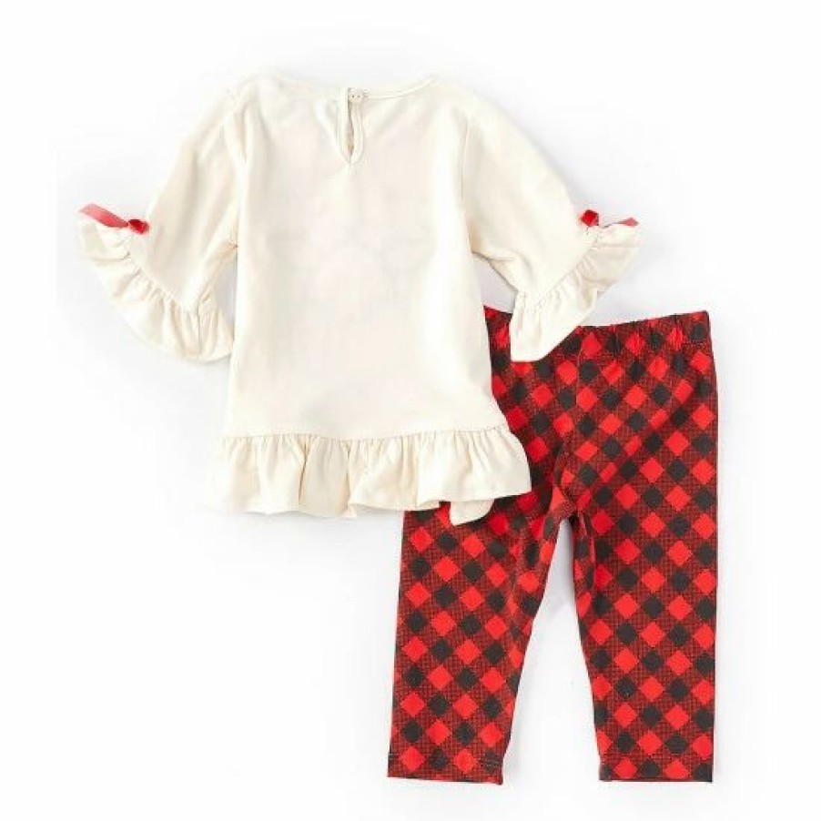 Kids * | Best Deal Rare Editions Baby Girls 3-24 Months Bell-Sleeve Red-Nosed-Reindeer Applique Tunic & Checked Leggings 2-Piece Set Ivory