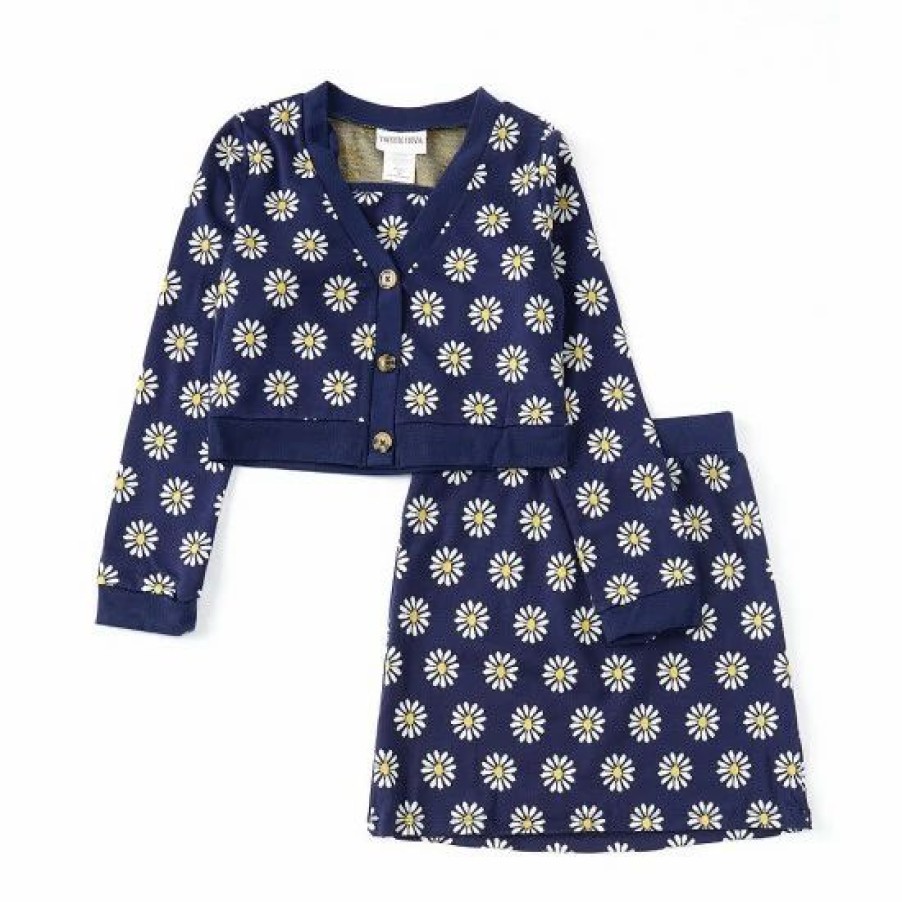 Kids * | New Rare Editions Big Girls 7-16 Long-Sleeve Daisy-Printed Cardigan & Matching Skirt & Sleeveless Tank Top Set Navy