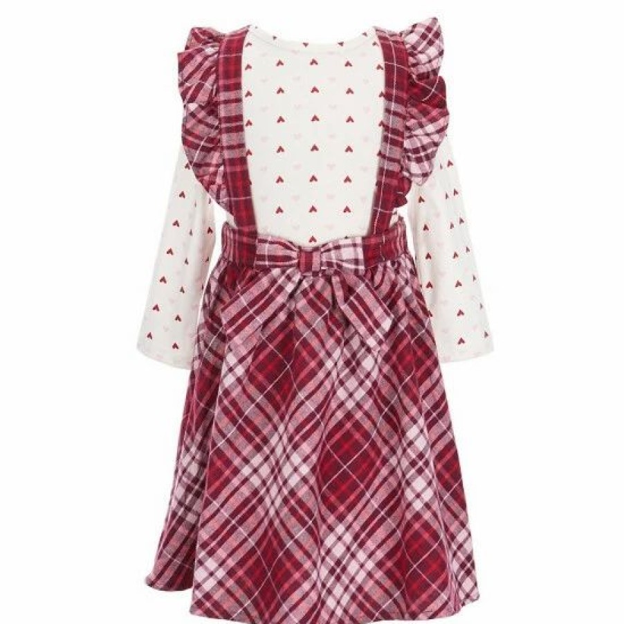 Kids * | Best Pirce Rare Editions Little Girls 2T-6X Long-Sleeve Heart Printed Top With Plaid Fleece Jumper Dress Mauve/White