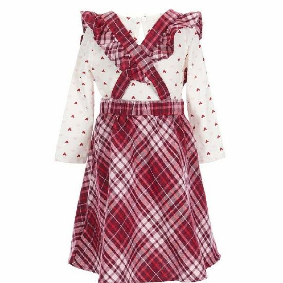 Kids * | Best Pirce Rare Editions Little Girls 2T-6X Long-Sleeve Heart Printed Top With Plaid Fleece Jumper Dress Mauve/White