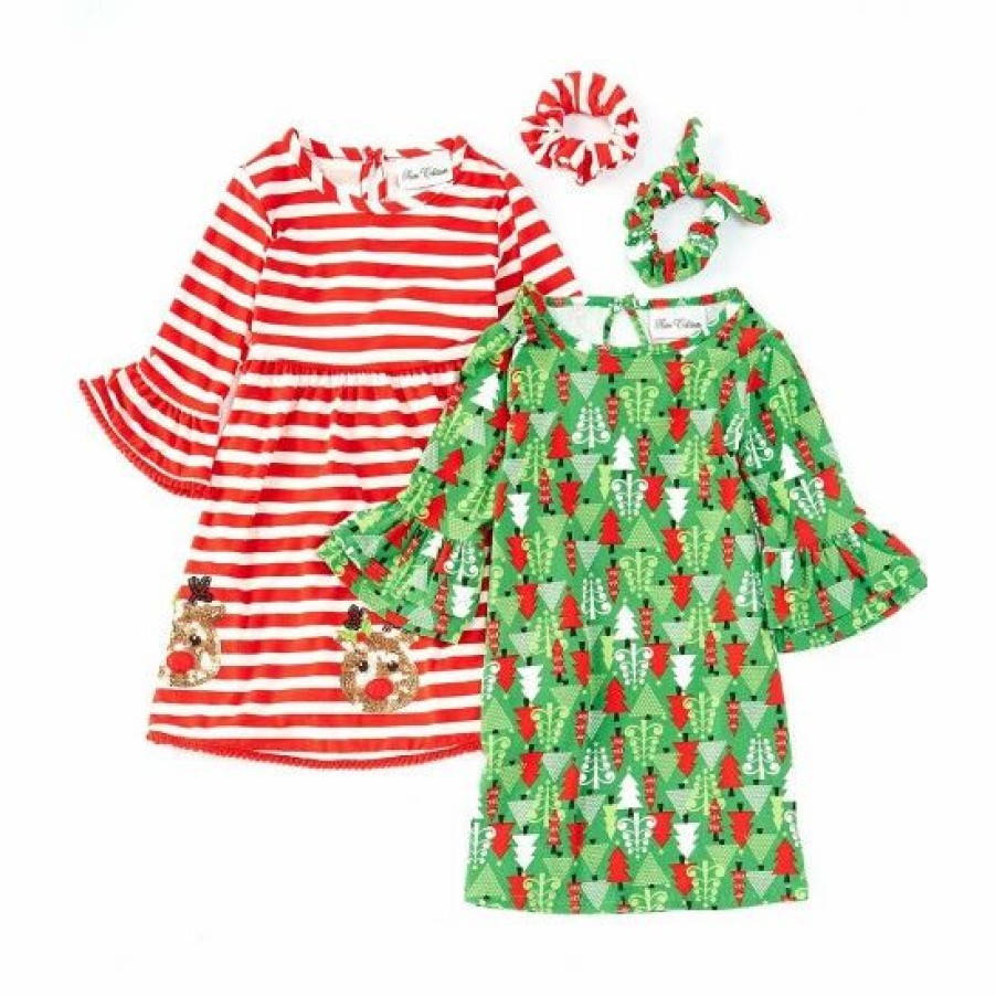 Kids * | Buy Rare Editions Little Girls 2T-6X 2 Christmas Themed Dresses Striped Reindeer & Tree Printed Red