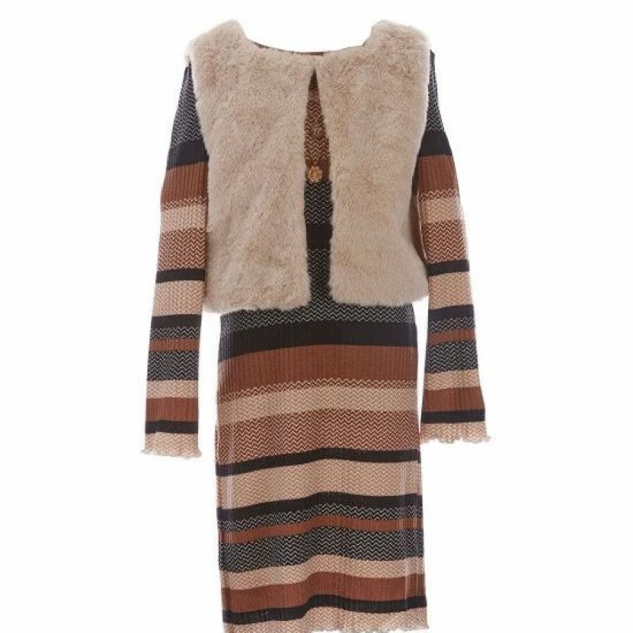 Kids * | Promo Rare Editions Big Girls 7-16 Long Sleeve Knit Printed Stripe Dress With Fur Vest 2-Piece Set Taupe