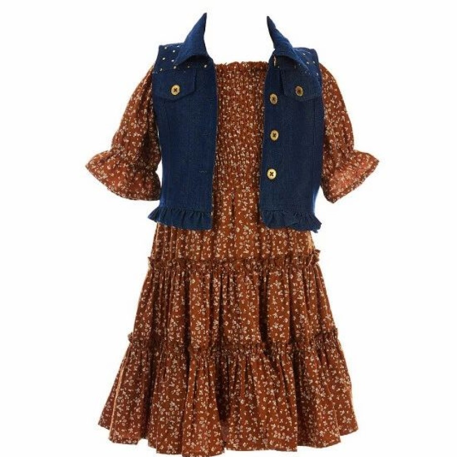 Kids * | Promo Rare Editions Little Girls 2T-6X Sleeveless Denim Vest & Ditsy-Floral Fit-And-Flare Dress 2-Piece Set Brown