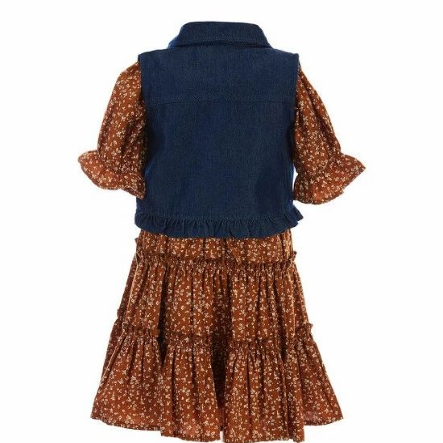 Kids * | Promo Rare Editions Little Girls 2T-6X Sleeveless Denim Vest & Ditsy-Floral Fit-And-Flare Dress 2-Piece Set Brown