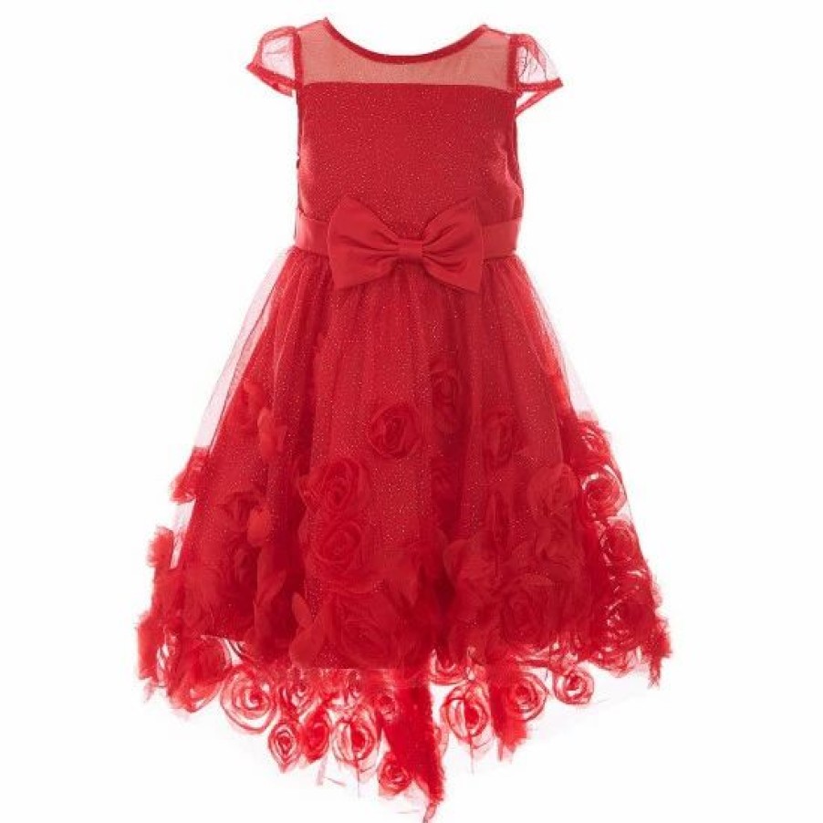 Kids * | Brand New Rare Editions Little Girls 2T-6X Illusion Glitter Mesh Soutache Hi-Low Dress Red