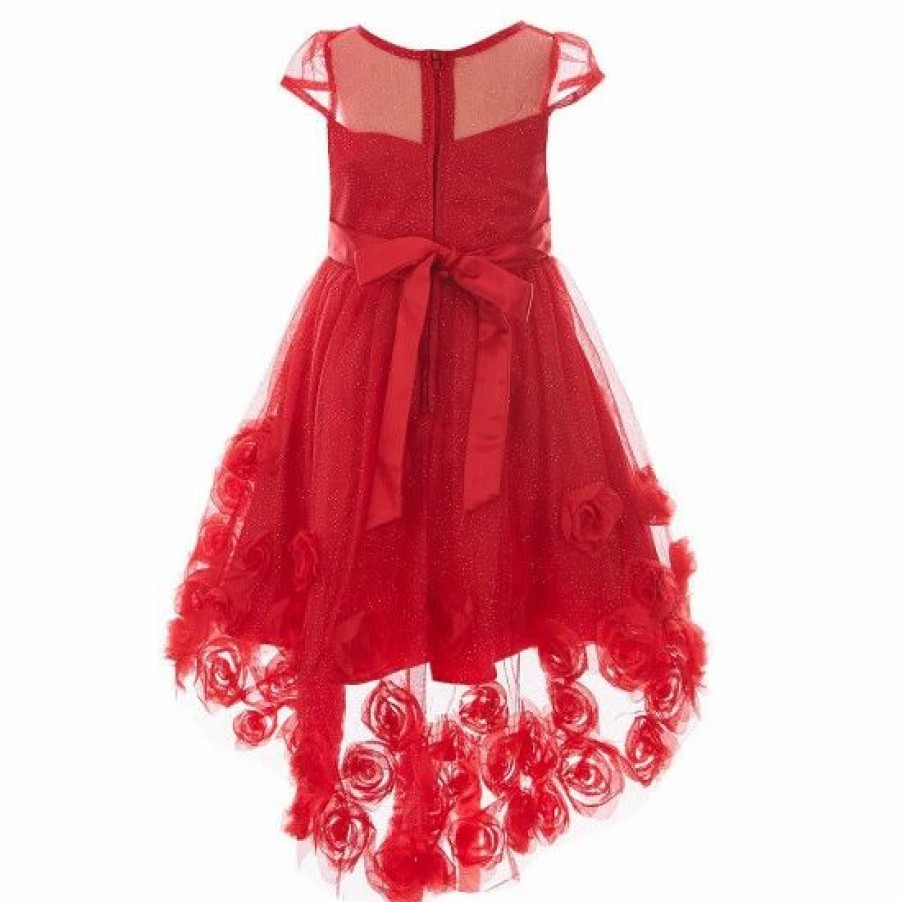 Kids * | Brand New Rare Editions Little Girls 2T-6X Illusion Glitter Mesh Soutache Hi-Low Dress Red